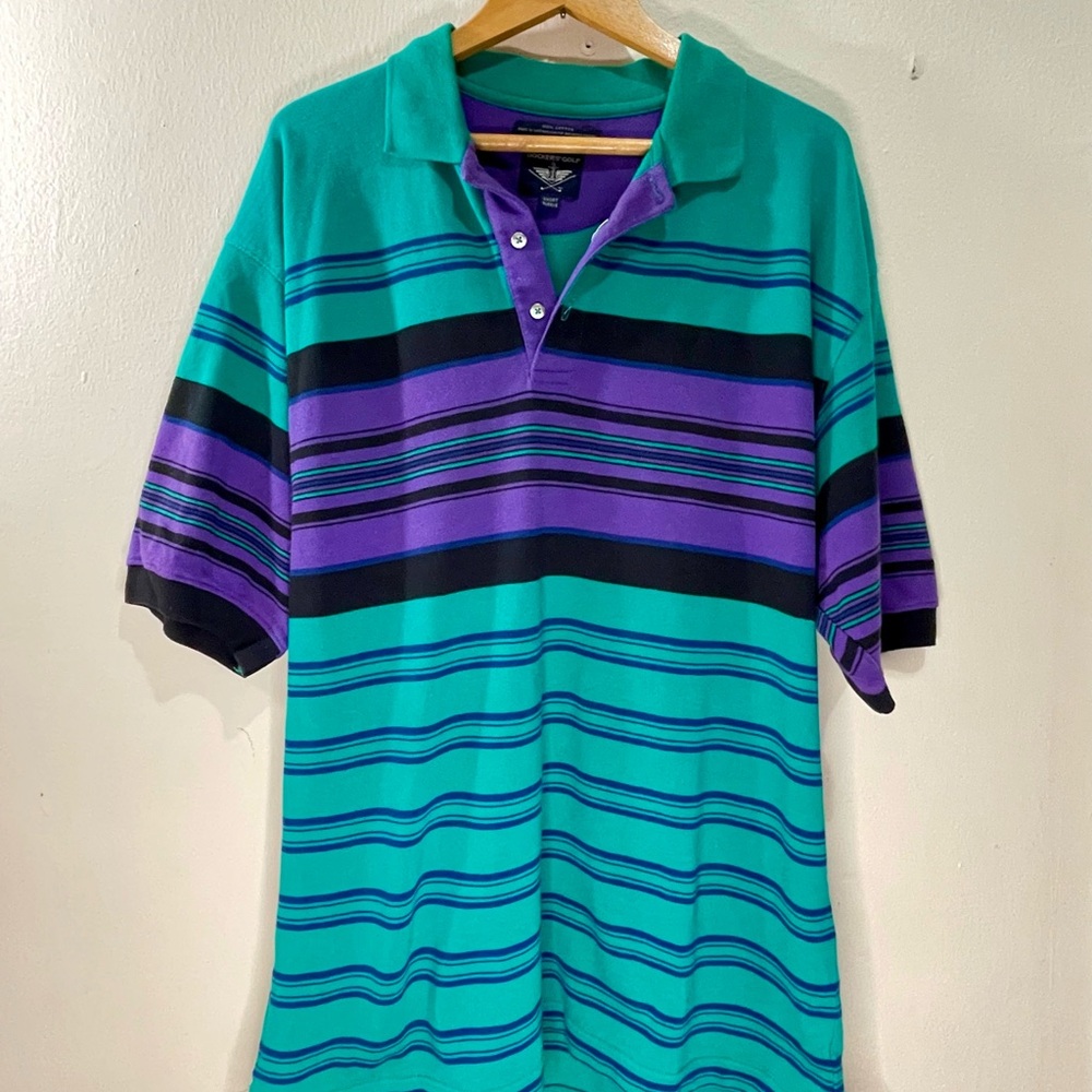90s Color Block Striped Polo Shirt - Teal and Purple
